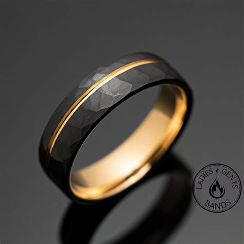 6mm Black Hammered Gold Obsidian Tungsten Wedding Band, Mens Ring ...