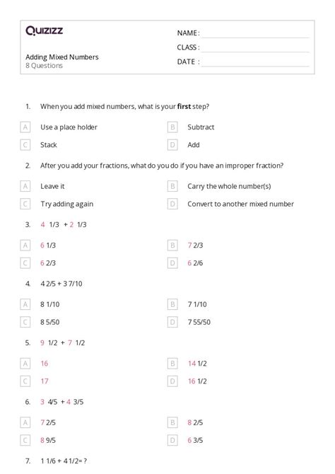 50+ Adding Mixed Numbers worksheets for 5th Class on Quizizz | Free ...