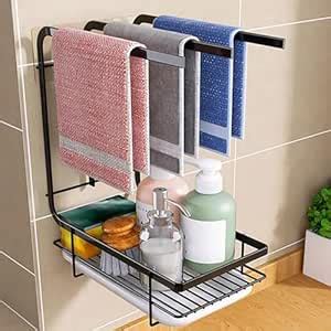 UMAI Three-Bar Kitchen Rag Rack with Drain Tray | Wall-Mounted or ...