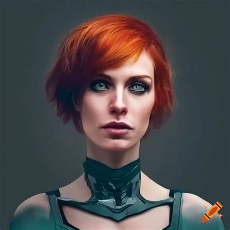 Futuristic woman with red hair and green eyes on Craiyon