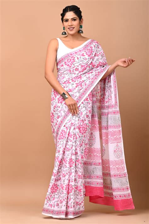 Bagru Hand Block Printed Mul Cotton Sarees