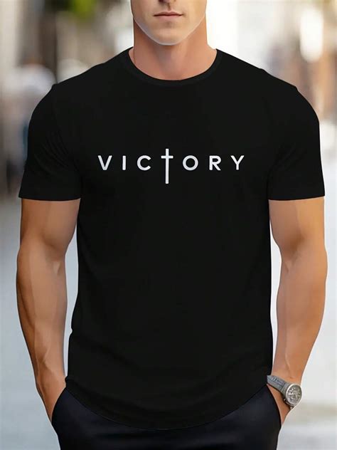 Men's Victory Pattern Printed T-Shirt, Short Sleeve Crew Neck T-Shirt ...