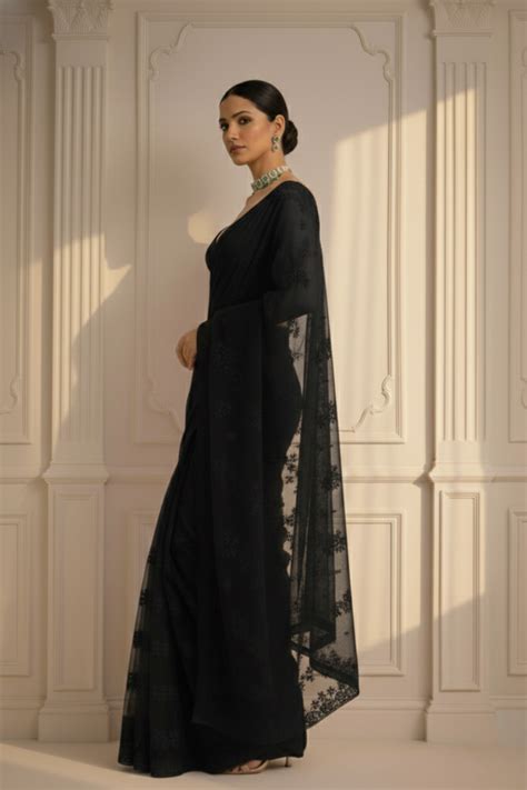 Black Stripe Lace Saree with Sequin and Blouse Fabric