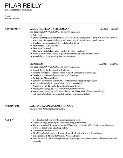 Industrial Engineering Intern Resume Samples | Velvet Jobs