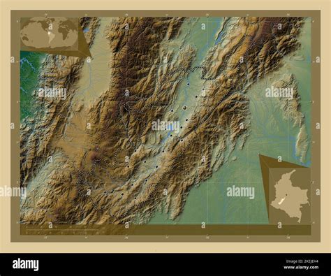 Huila, department of Colombia. Colored elevation map with lakes and rivers. Locations of major ...