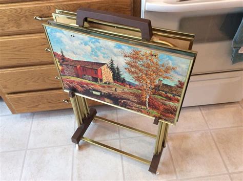 Vintage TV Trays Set of 4 w/ Rolling Stand WESTAL Prints Serving Mid ...