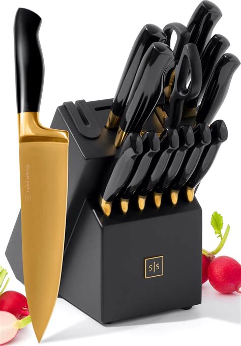 Amazon.com: Black and Gold Knife Set with Block and Sharpener – 14 ...