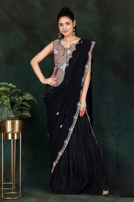 Buy Blue Crepe, Georgette Embroidery Border Pre-draped Palazzo Saree ...