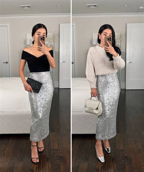 Holiday Party Outfit Idea: Petite Sequin Midi Skirt | Silver skirt ...