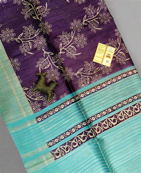 Dark Purple Floral Printed Tussar Ghicha Silk Saree| Peepal Clothing
