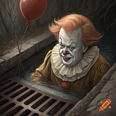A creepy caricature resembling Pennywise emerging from a sewer grate ...