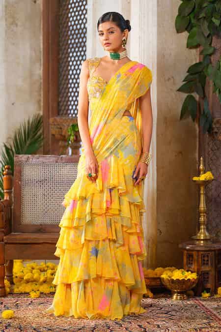Buy Yellow Chiffon, Silk Floral Print Ruffled Pre-draped Saree With ...