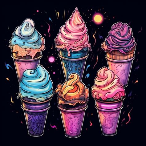 Three ice cream cones with different toppings on a black background ...