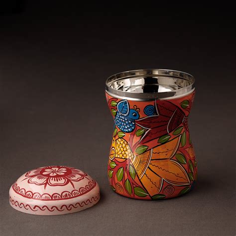 Orange Bengal Patua Handpainted Stainless Steel Multi Utility Container