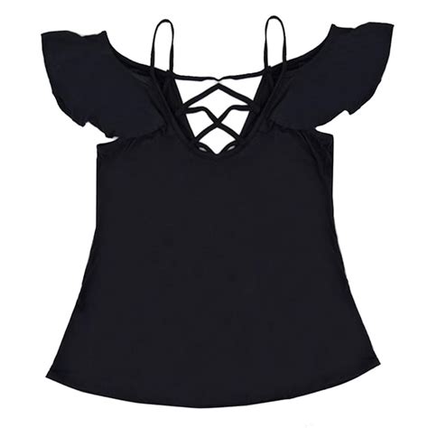 Buy Meyaus Women Fashion Spaghetti Strap Shirt V-Neck Lace-up T-Shirt ...
