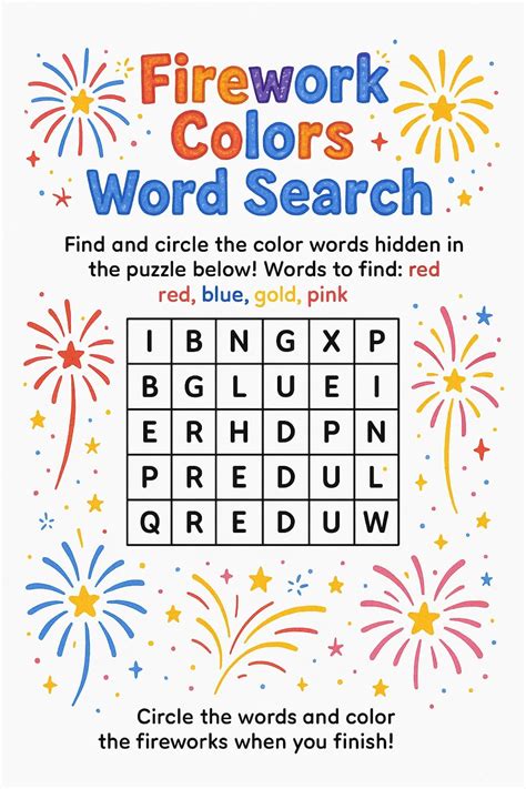 Firework Colors Word Search Worksheet - Download & Print Now!