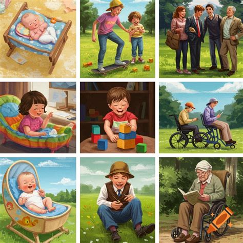 Grid of illustrations showing people at different life stages, including babies, children ...