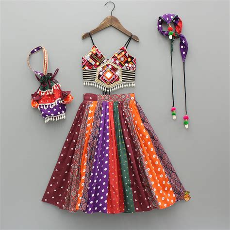 Pre Order: Strappy Mirror Embroidered Multicolour Top With Lehenga And