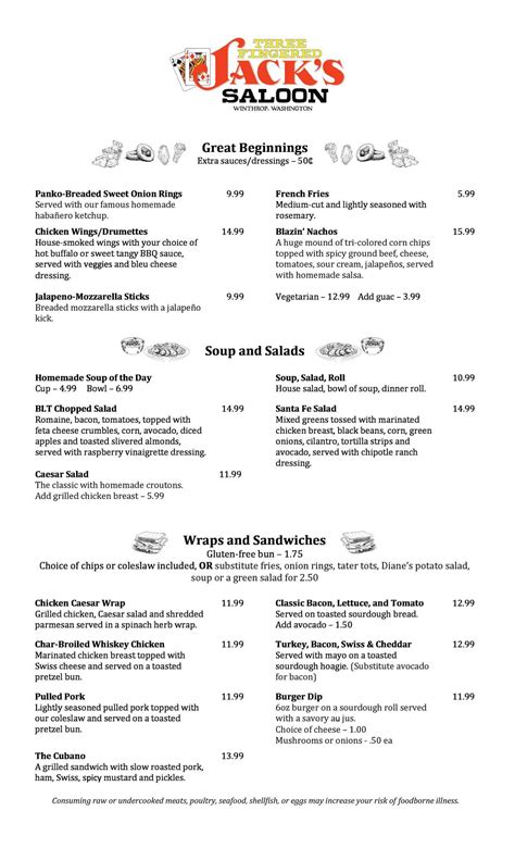 Menu at Three Fingered Jack’s Saloon pub & bar, Winthrop