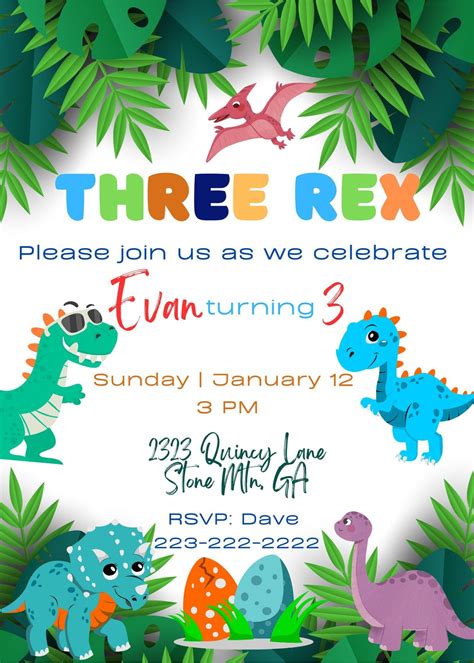 Three rex birthday third birthday dinosaur invitation – Artofit