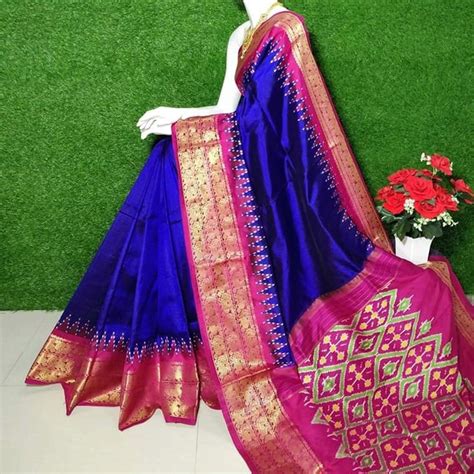 Zari Kanchi Border Plain Blue Saree With Patola Design Blouse ...