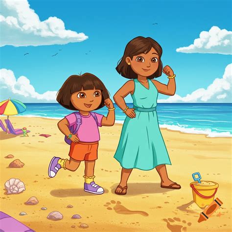 Cartoon of Dora the Explorer and her mother flexing muscles on a sandy ...