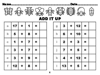 Insects Bugs 100, First Grade Addition upto 20 Worksheets school ...