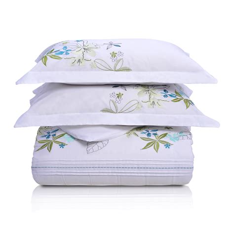 Spring Blooms 100% Cotton Floral Embroidered Duvet Cover Set White ...