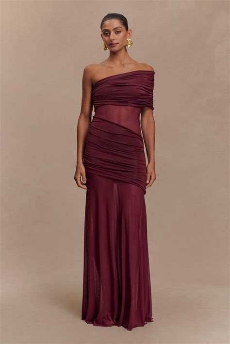 Dallas One Shoulder Mesh Maxi Dress - Burgundy | Meshki USA