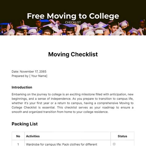 Free Moving to College Checklist Template to Edit Online