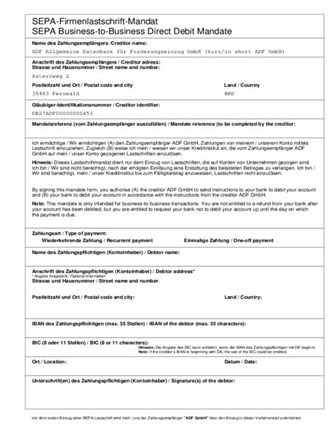 SEPA Business-to-Business Direct Debit Mandate - Blank Fillable ...