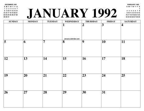 JANUARY 1992 CALENDAR OF THE MONTH: FREE PRINTABLE JANUARY CALENDAR OF ...