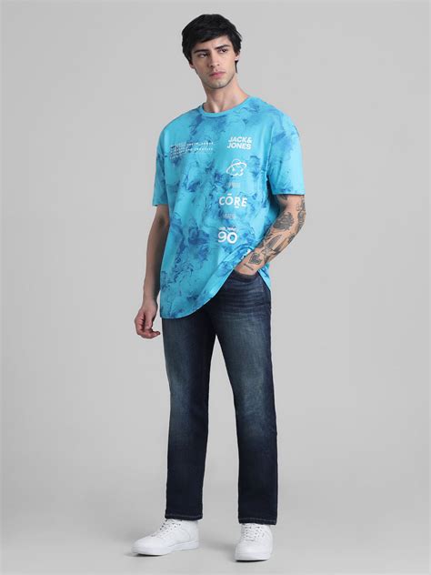 Blue Abstract Print Oversized Crew Neck T-shirt