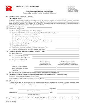 Hong Kong Certificate of Resident Status Application - Blank Fillable ...
