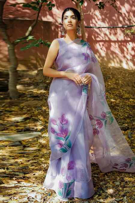 Buy Purple Saree Pure Silk Organza Hand Painted Floral With Unstitched ...