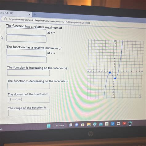 The function has a relative maximum of at x = The function has a relative minimum of at x = The ...