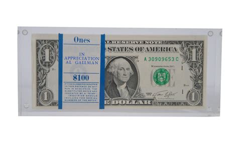 1974 US $100 One Hundred Dollar Bundle Bill Stack Lucite Money Paperweight