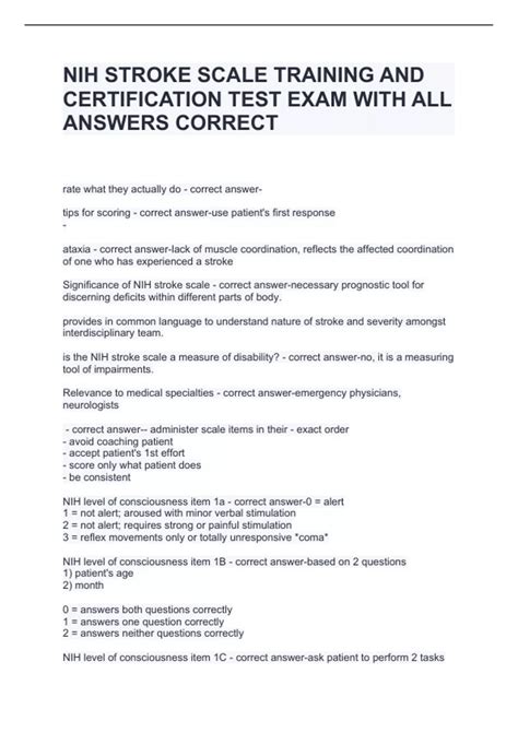 NIH STROKE SCALE TRAINING AND CERTIFICATION TEST EXAM WITH ALL ANSWERS ...