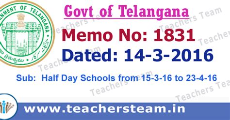Half Day Schools from 15-3-16 to 23-4-16 Memo.1831 Dt14-3-2016 ...