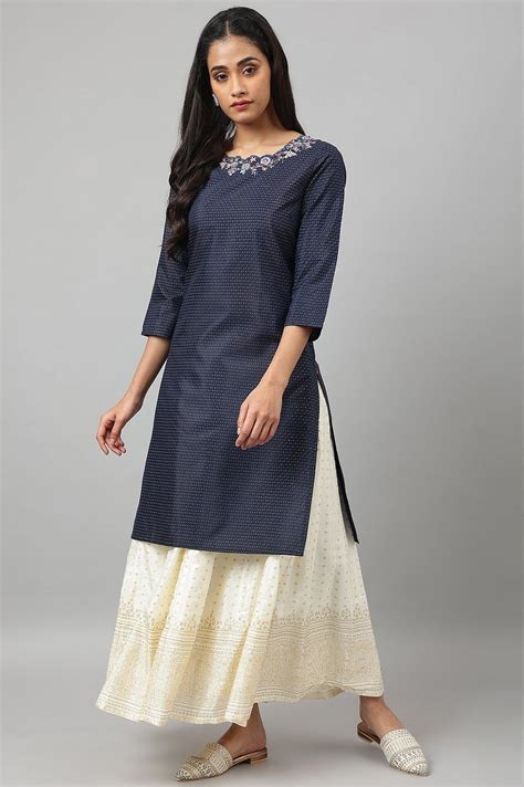 Buy Navy Blue Festive kurta With Embroidered Neck @ 1799 | W for woman ...