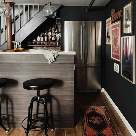 Basement Home Bar With Black Bar Stools - Soul & Lane