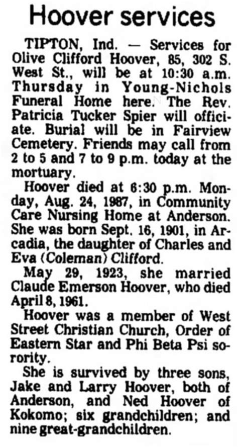 Hoover Services, obituary, Kokomo Tribune (Kokomo, Indiana), 26 Aug ...