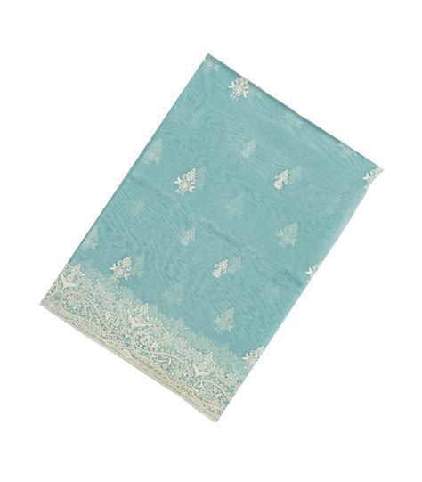 Turquoise Woven Blended Organza Saree With Embroidered Floral Motifs ...