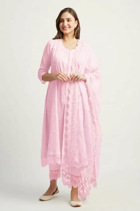 Buy Pink Crepe, Cotton, Kota Doria Lace Mahjabeen Flower Embellished ...