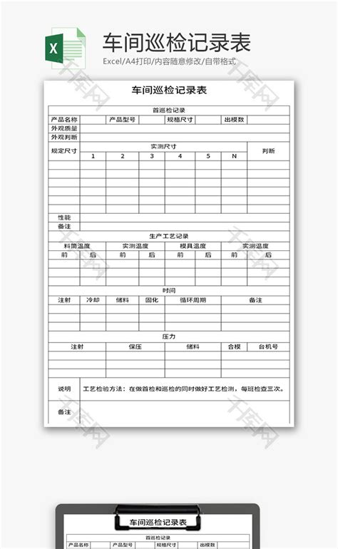 车间巡检记录表Excel模板_千库网(excelID：139582)