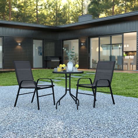 BizChair 3 Piece Outdoor Patio Dining Set - 23.75" Round Tempered Glass Patio Table, 2 Black ...