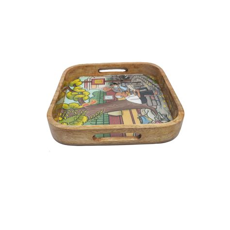 Wooden Square Tray “Kanak Chowk” – Echoes of Dehradun Art – Yellow Marigold