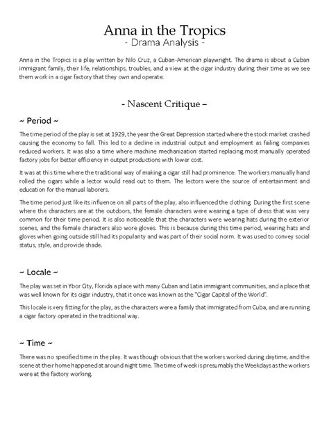 Anna in the Tropics - A Drama Analysis of Nilo Cruz's Play - Studocu