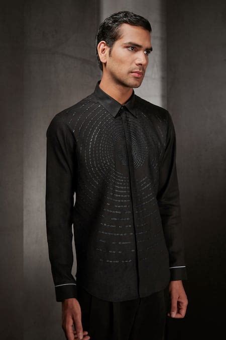 Buy Black Linen Applique Work Shirt For Men by Rohit Gandhi + Rahul ...