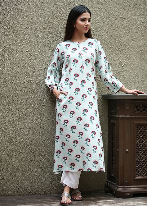 Get Cuffed Sleeve Detail Blue Floral Printed Kurta With White Pants at ...